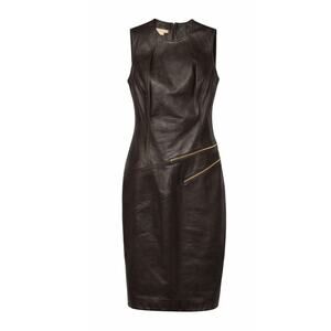 Michael Kors Chocolate Brown Genuine Leather Midi Dress Gold Zips